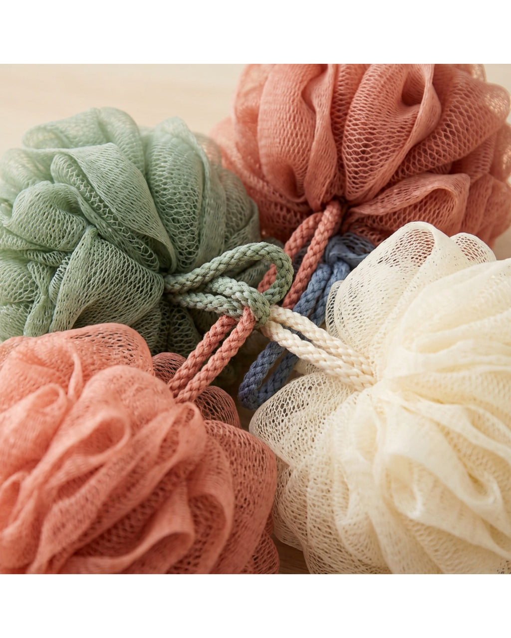 Tevoc Soft Mesh Bath Poufs Set of 4 Sage Coral Cream and Slate - Detail view