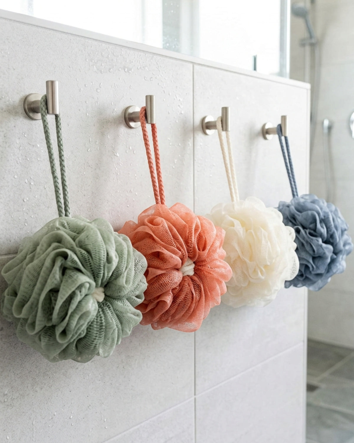 Tevoc Soft Mesh Bath Poufs Set of 4 Sage Coral Cream and Slate - Lifestyle view